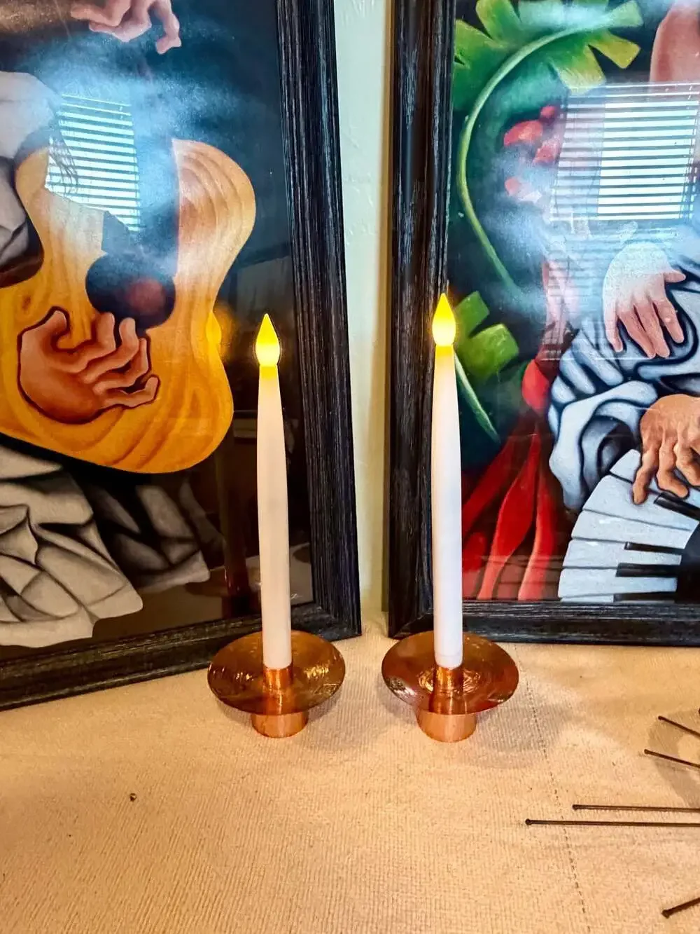 Vintage Hand-Hammered Copper Candlestick Holders with Flameless Taper Candles